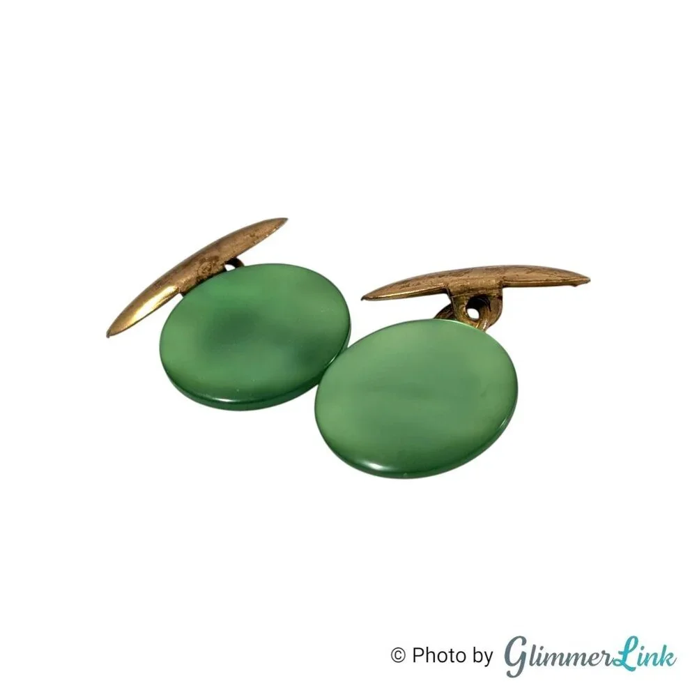 Vintage Green Button Style Cufflinks Gold Tone Mid Century